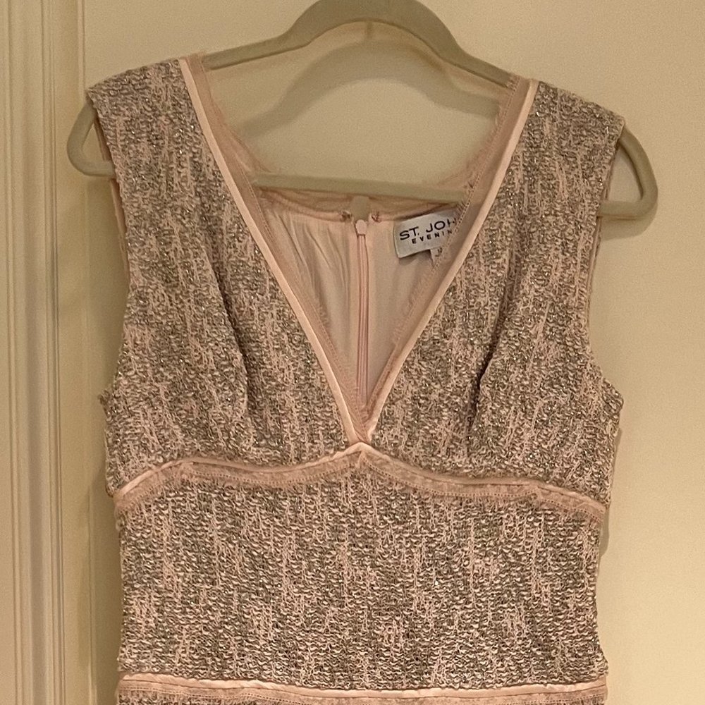 NWOT St. John Evening Dress, Silver Metallic w Pale Pink Silk Charmeuse UNWORN